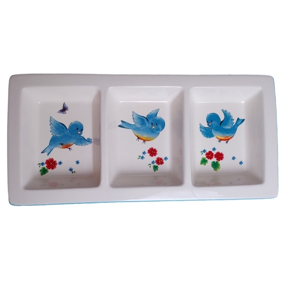Snack Dip Tray Three Compartment Bluebirds Flowers Butterfly White Blue … - Picture 3 of 14